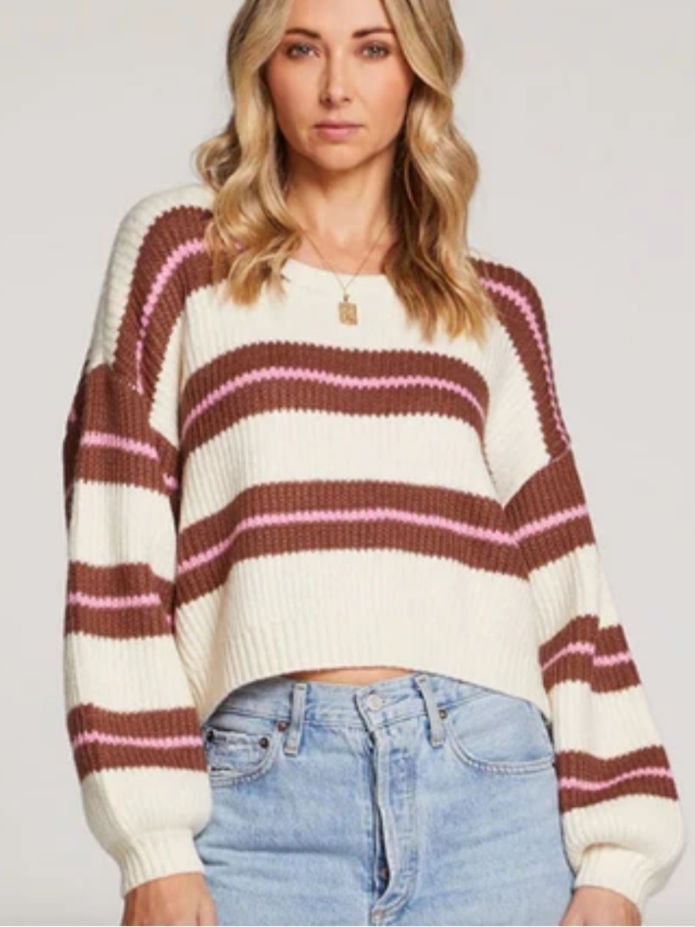 saltwater luxe Cream Sweater with Brown and Pink Stripes L new